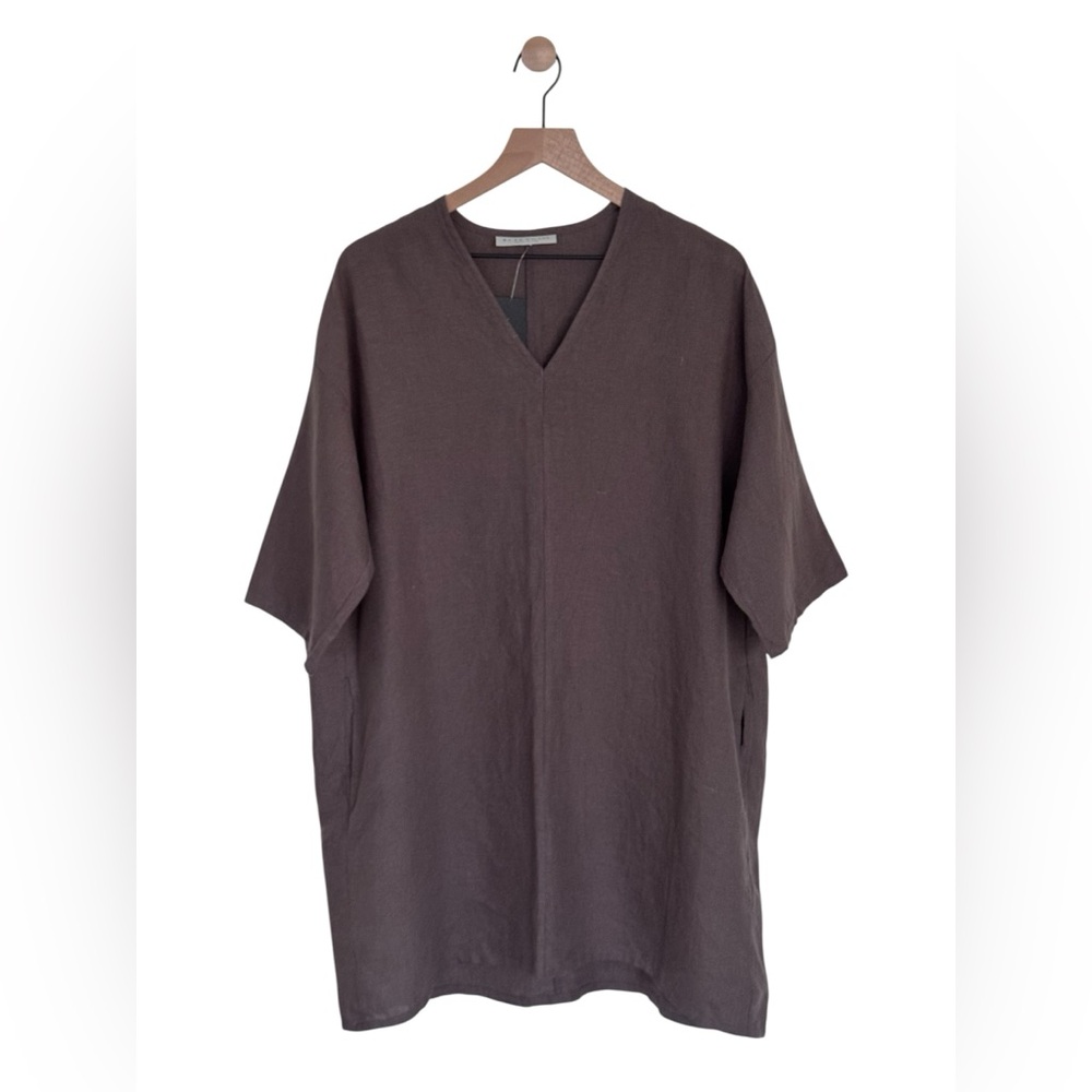 Bryn Walker Linen Dress Oversized XXS Brown 3/4 Sleeve Lagenlook Boho V-Neck